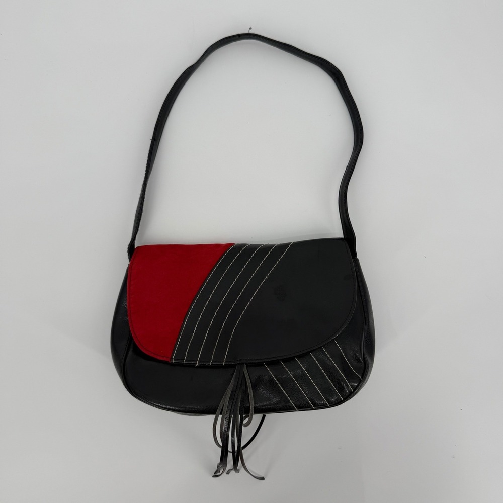 Vintage Y2K Victoria's Secret Black Red Suede Panel Tassel Shoulder Bag